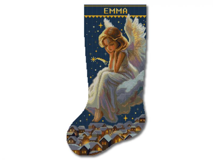 Elegant angel on cloud Christmas stocking cross stitch pattern with snowy village night sky stars, personalized counted DMC embroidery chart, digital download.
