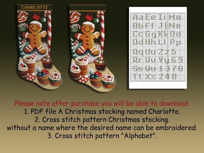 Christmas Stocking Cross Stitch Patterns for Adults, Personalized Easy Counted DMC Embroidery Patterns for Beginners, Cute Gingerbread Men Holiday Design DIY, Digital Download