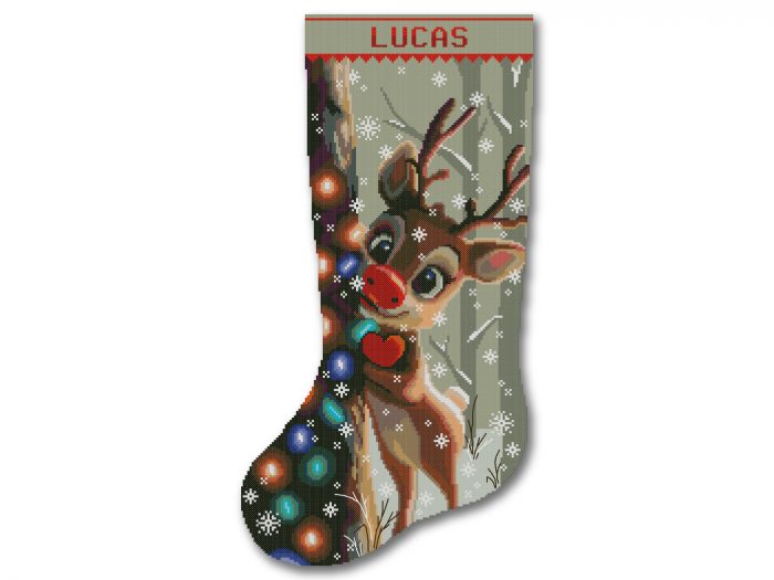 Reindeer Christmas Stocking Cross Stitch Pattern, Cute Deer Embroidery Chart, Easy Beginner Holiday Needlepoint, Digital Download