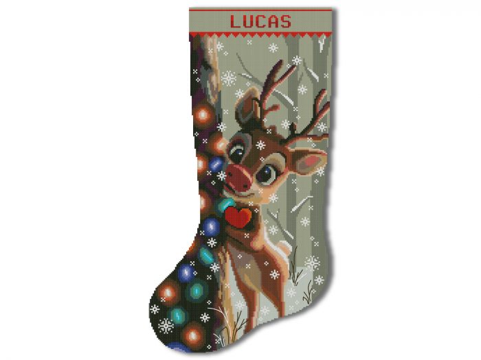 Personalized reindeer Christmas stocking cross stitch pattern PDF with cute woodland deer design and name Lucas
