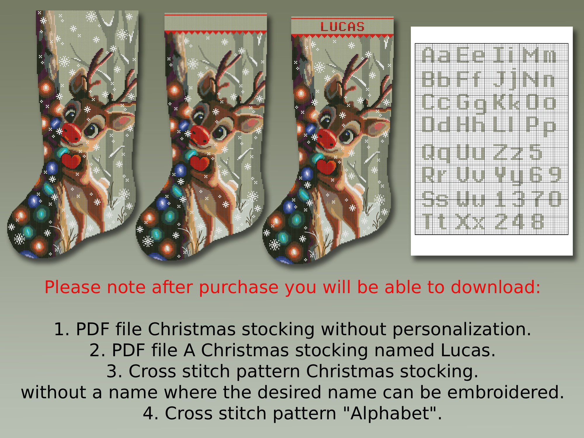 Reindeer Christmas Stocking Cross Stitch Pattern for Adults, Easy Beginner-Friendly DMC Embroidery Chart, Cute Deer Holiday Needlepoint, Digital Download 4 Reindeer Christmas Stocking Cross Stitch Pattern for Adults, Easy Beginner-Friendly DMC Embroidery Chart, Cute Deer Holiday Needlepoint, Digital Download - Image 4