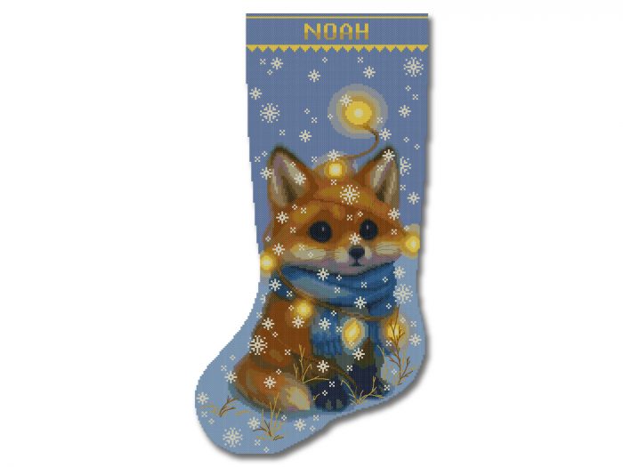 Christmas Stocking Cross Stitch Pattern for Adults, Easy Beginner-Friendly Counted DMC Embroidery Chart, Cute Fox with Christmas Lights, Personalized Winter Holiday Needlepoint, Digital Download 6 Cute fox Christmas stocking cross stitch pattern with snowflakes and lights, easy animal embroidery design for beginners, festive holiday decor