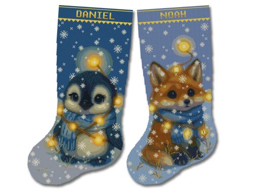 Christmas stocking cross stitch pattern set with cute penguin and fox, easy animal holiday embroidery design for beginners, festive blue stockings PDF