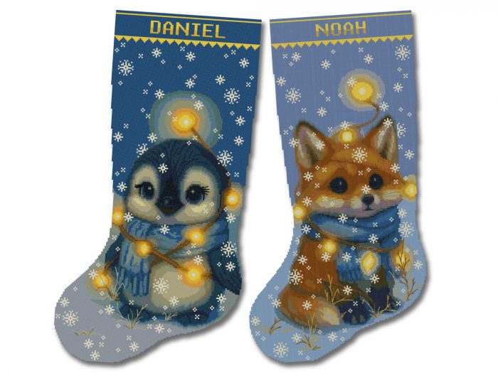 Christmas stocking cross stitch pattern set with cute penguin and fox, easy animal holiday embroidery design for beginners, festive blue stockings PDF
