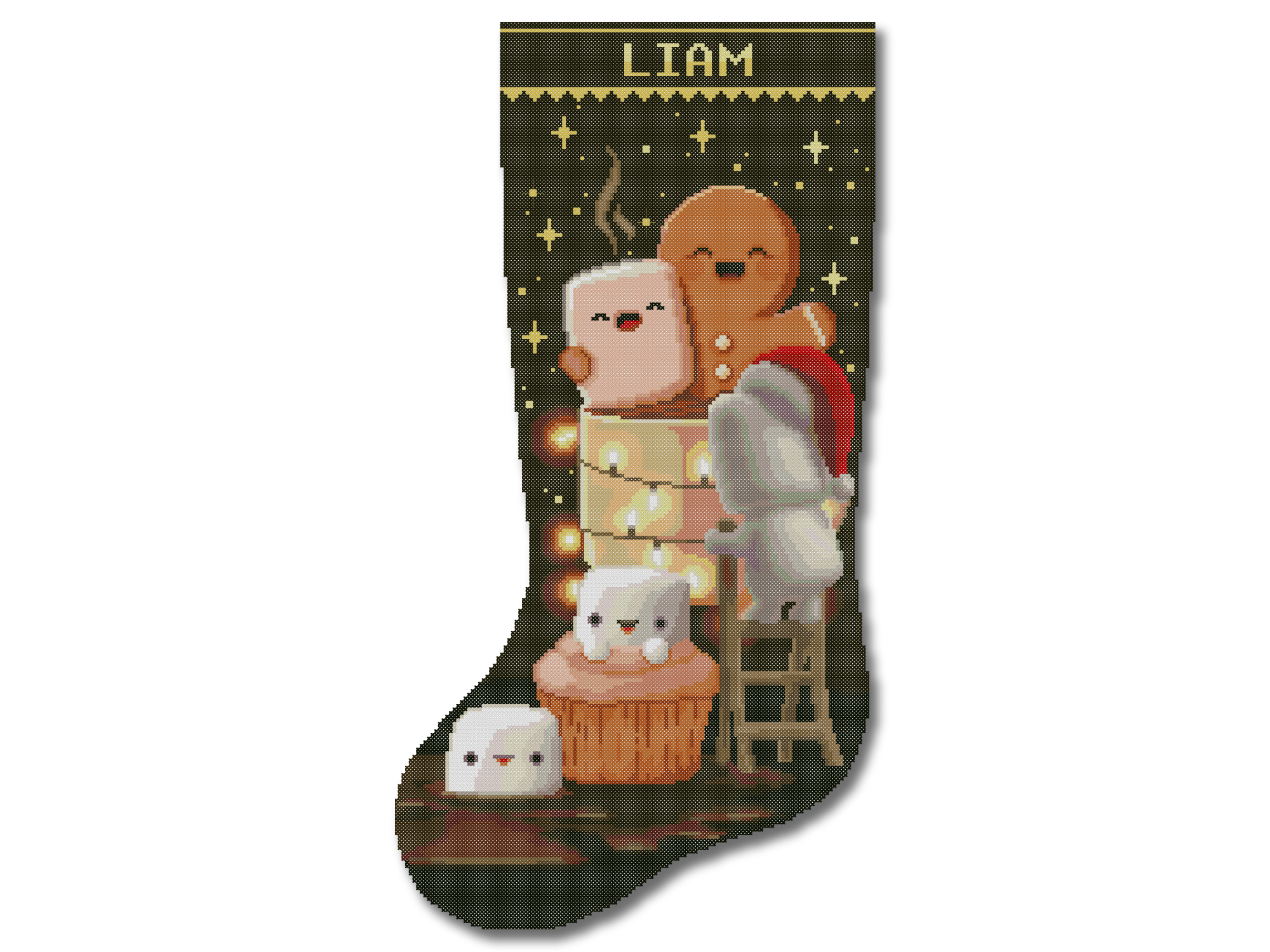 Personalized brown Christmas stocking cross stitch pattern with gingerbread man, marshmallow characters and cozy holiday lights, easy for beginners