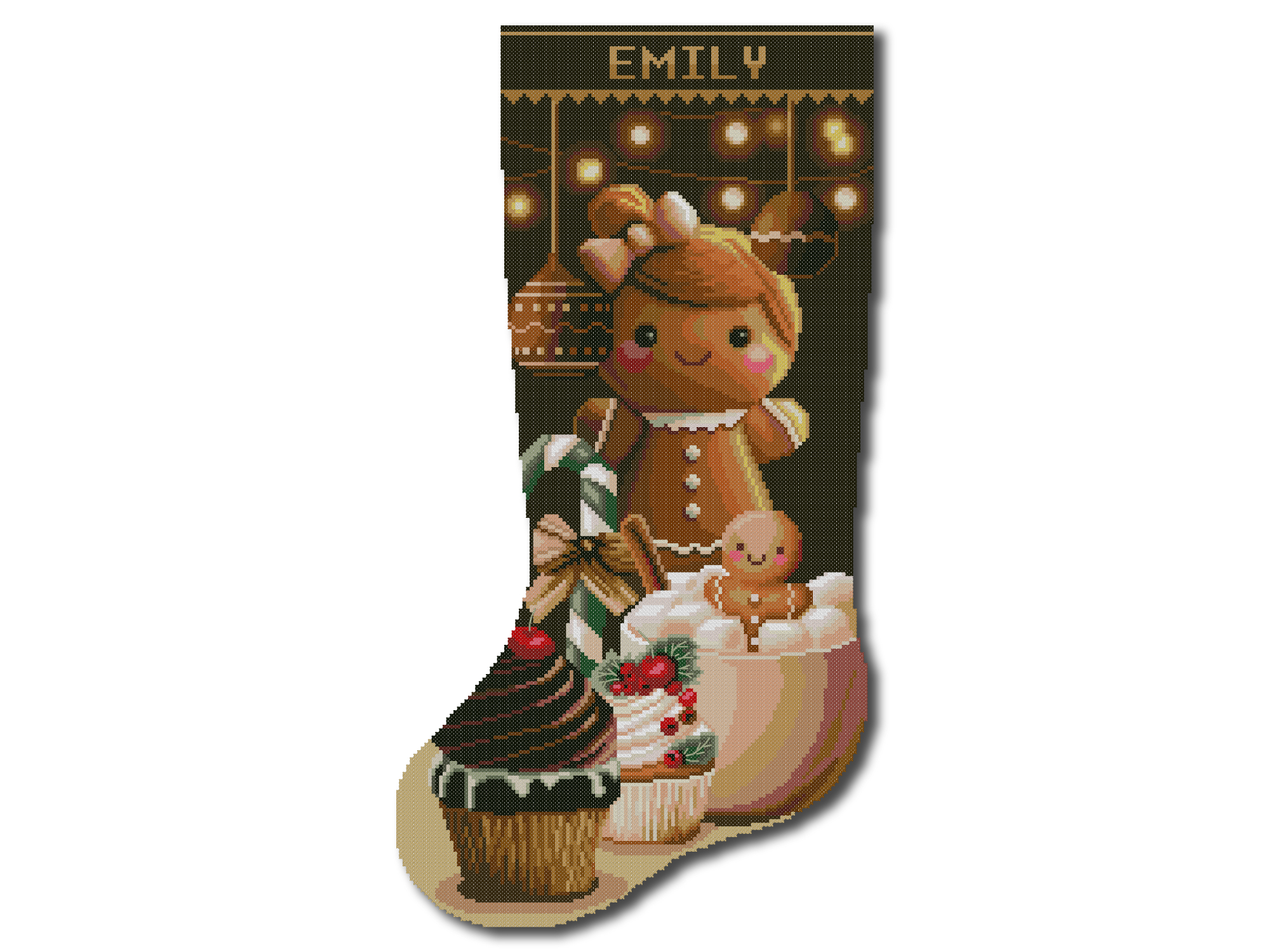 Cross Stitch Pattern for Adults Christmas Stocking, Cute Gingerbread Girl & Marshmallow, Easy Beginner-Friendly Counted DMC Embroidery Chart, Personalized Winter Holiday Needlepoint DIY, Digital Download 2 Gingerbread Girl Christmas Stocking Cross Stitch Pattern, cute holiday counted embroidery design with marshmallow, beginner friendly, personalized name