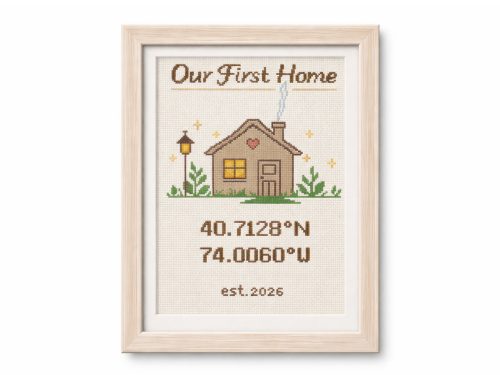 Personalized Our First Home cross stitch pattern PDF with custom GPS coordinates and year, modern house embroidery design, counted cross stitch chart digital download
