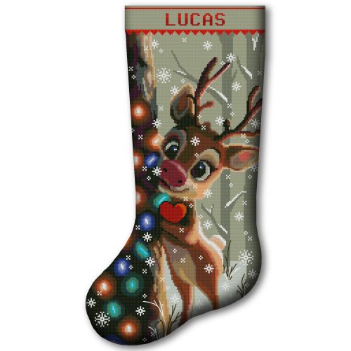 Personalized deer Christmas stocking cross stitch kit with winter forest, Christmas lights, snowflakes and custom name, 2-in-1 stamped and counted cross stitch kit for beginners, DIY holiday embroidery stocking kit.