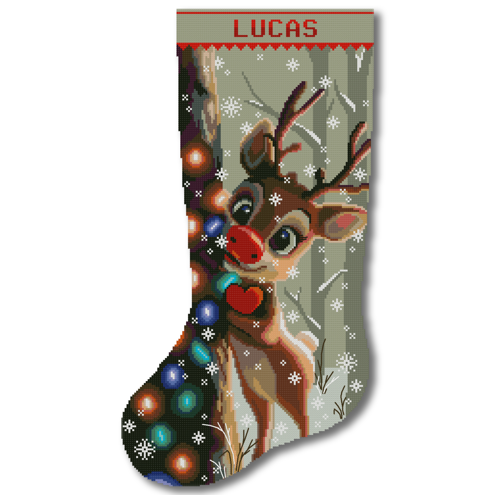 Personalized Christmas stocking cross stitch kit with reindeer design, stamped and counted cross stitch kit, DIY embroidery kit for adults, AIDA 14 fabric, holiday handmade decoration