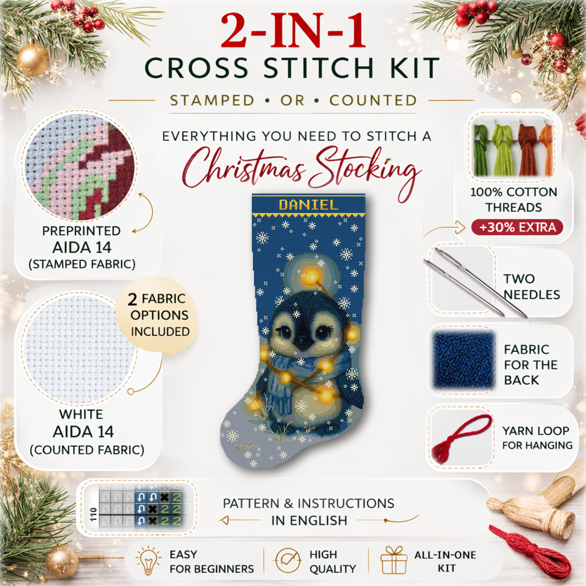 2-in-1 Stamped and Counted Cross Stitch Christmas Stocking Kit – Cute Penguin with Christmas Lights Winter Design, DIY Embroidery Kit for Adults, Personalized Holiday Stocking Craft 3 Personalized Christmas stocking cross stitch kit penguin design with name, stamped and counted embroidery kit DIY