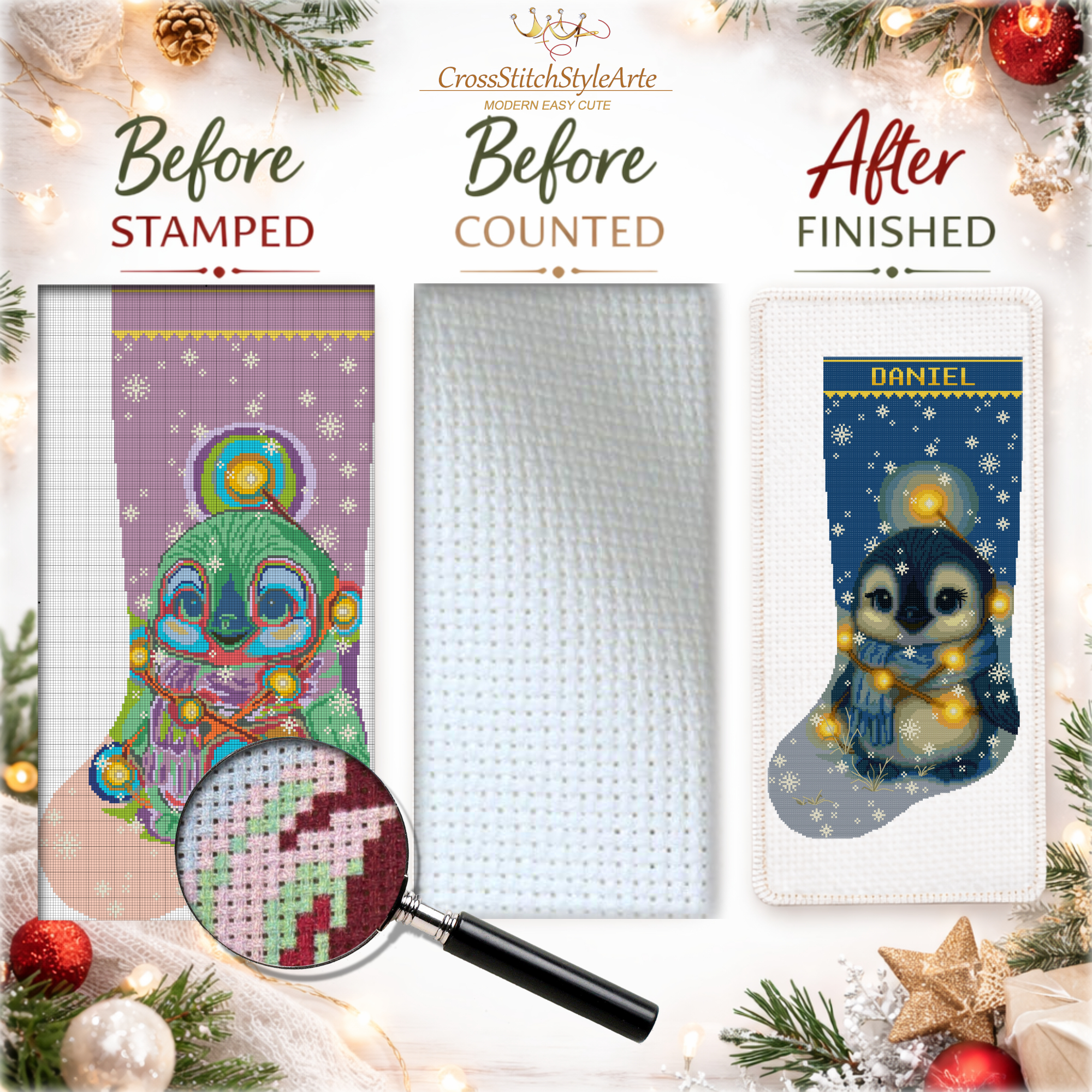2-in-1 Stamped and Counted Cross Stitch Christmas Stocking Kit – Cute Penguin with Christmas Lights Winter Design, DIY Embroidery Kit for Adults, Personalized Holiday Stocking Craft 5 Personalized Christmas stocking cross stitch kit penguin design with name, stamped and counted embroidery kit DIY