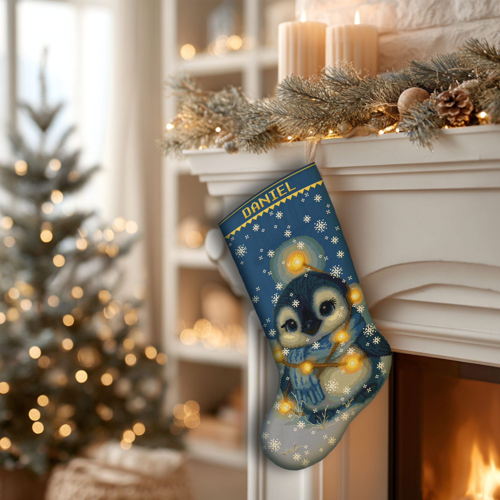 2-in-1 Stamped and Counted Cross Stitch Christmas Stocking Kit – Cute Penguin with Christmas Lights Winter Design, DIY Embroidery Kit for Adults, Personalized Holiday Stocking Craft 2 Personalized Christmas stocking cross stitch kit penguin design with name, stamped and counted embroidery kit DIY