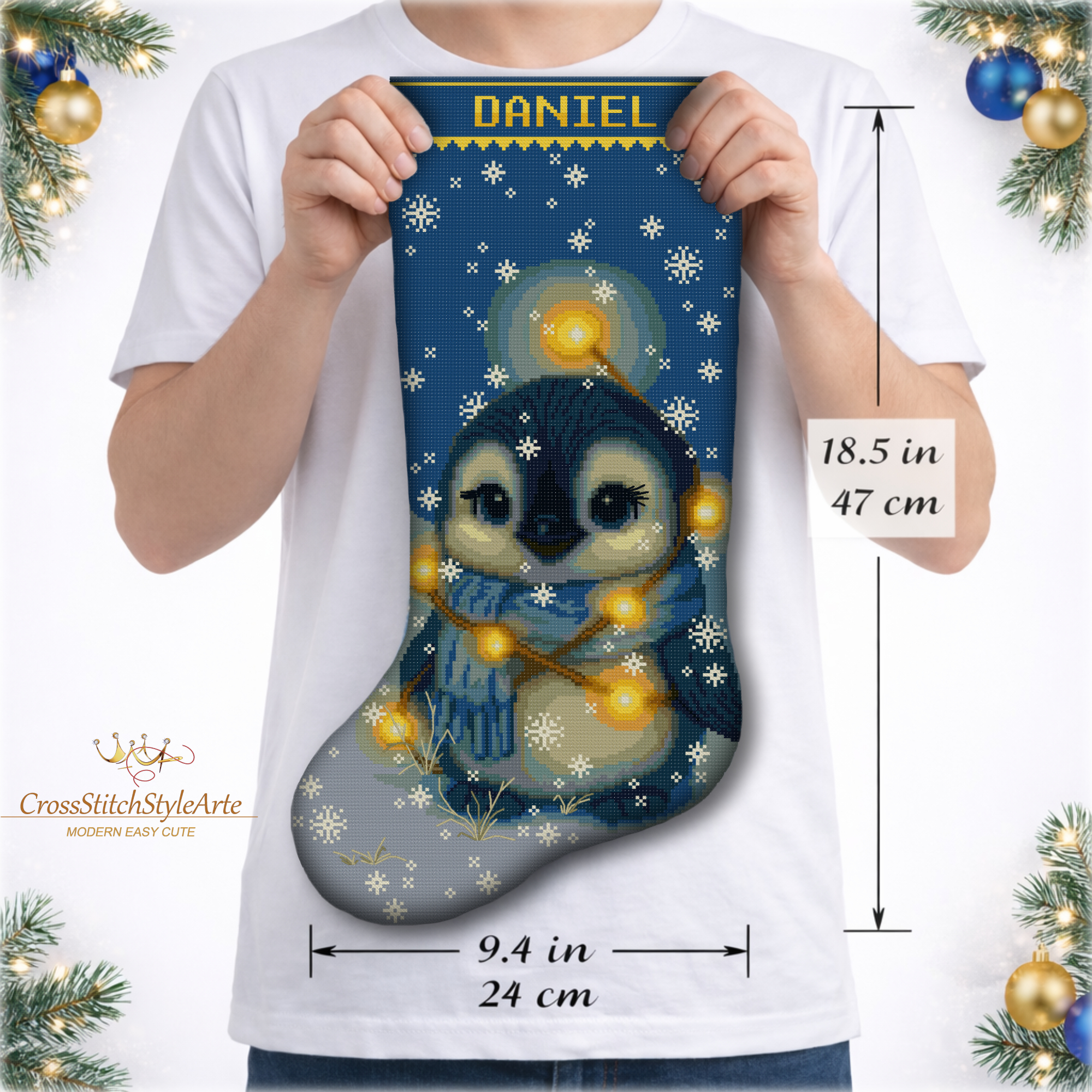 2-in-1 Stamped and Counted Cross Stitch Christmas Stocking Kit – Cute Penguin with Christmas Lights Winter Design, DIY Embroidery Kit for Adults, Personalized Holiday Stocking Craft 6 Personalized Christmas stocking cross stitch kit penguin design with name, stamped and counted embroidery kit DIY