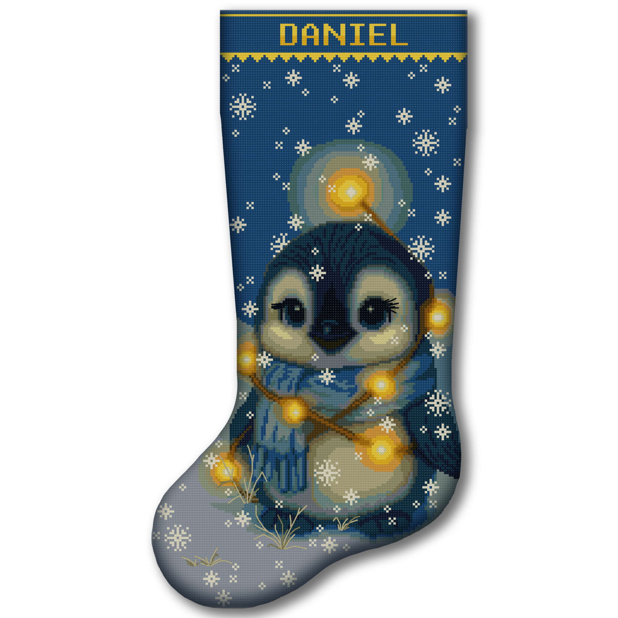 2-in-1 Stamped and Counted Cross Stitch Christmas Stocking Kit – Cute Penguin with Christmas Lights Winter Design, DIY Embroidery Kit for Adults, Personalized Holiday Stocking Craft 24 Personalized penguin Christmas stocking cross stitch kit with snowflakes, glowing holiday lights and winter scarf, 2-in-1 stamped and counted cross stitch kit for beginners, DIY Christmas embroidery stocking kit.