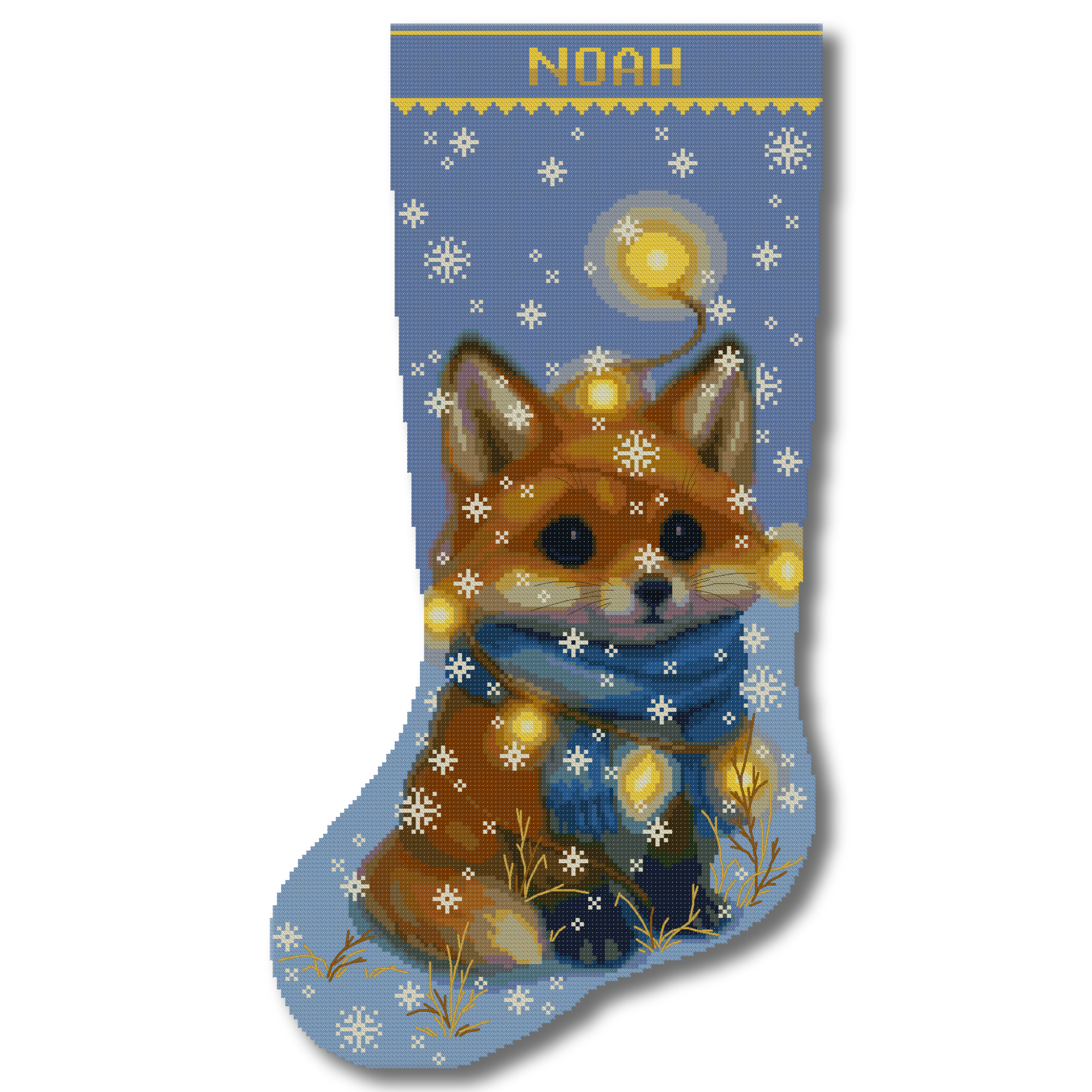 Personalized Christmas stocking cross stitch kit with cute fox design and holiday lights, DIY embroidery kit