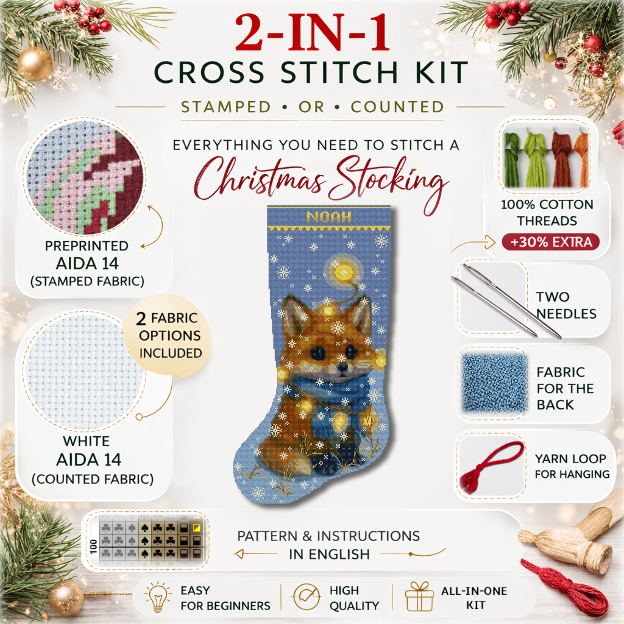 Christmas Stocking Cross Stitch Kit – 2-in-1 Stamped and Counted Cross Stitch, Cute Woodland Fox with Winter Lights Holiday Design, DIY Embroidery Kit for Adults, Personalized Family Christmas Decor 3 Personalized Christmas stocking cross stitch kit with cute fox design and holiday lights, DIY embroidery kit