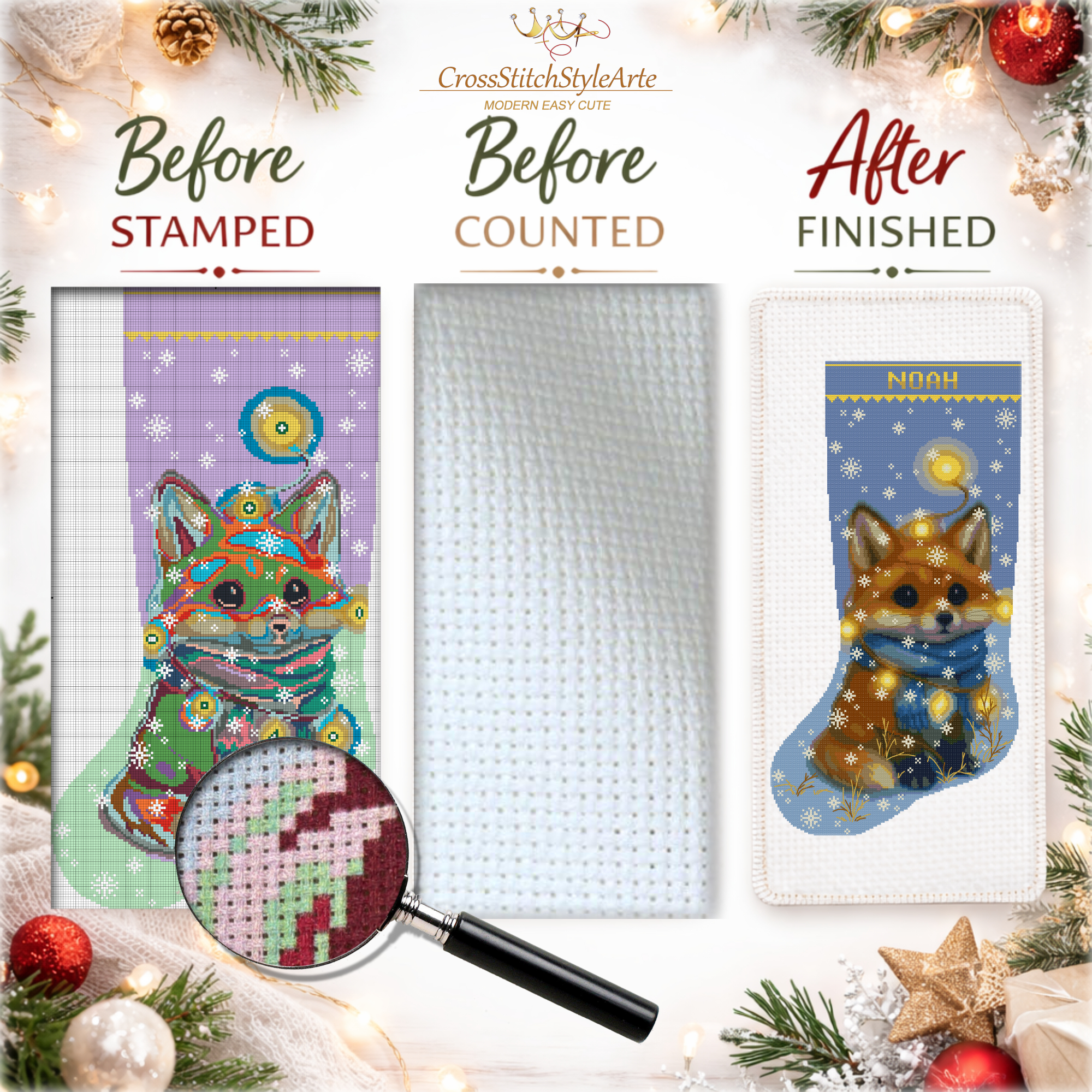 Christmas Stocking Cross Stitch Kit – 2-in-1 Stamped and Counted Cross Stitch, Cute Woodland Fox with Winter Lights Holiday Design, DIY Embroidery Kit for Adults, Personalized Family Christmas Decor 5 Personalized Christmas stocking cross stitch kit with fox design and name, holiday embroidery kit stamped and counted