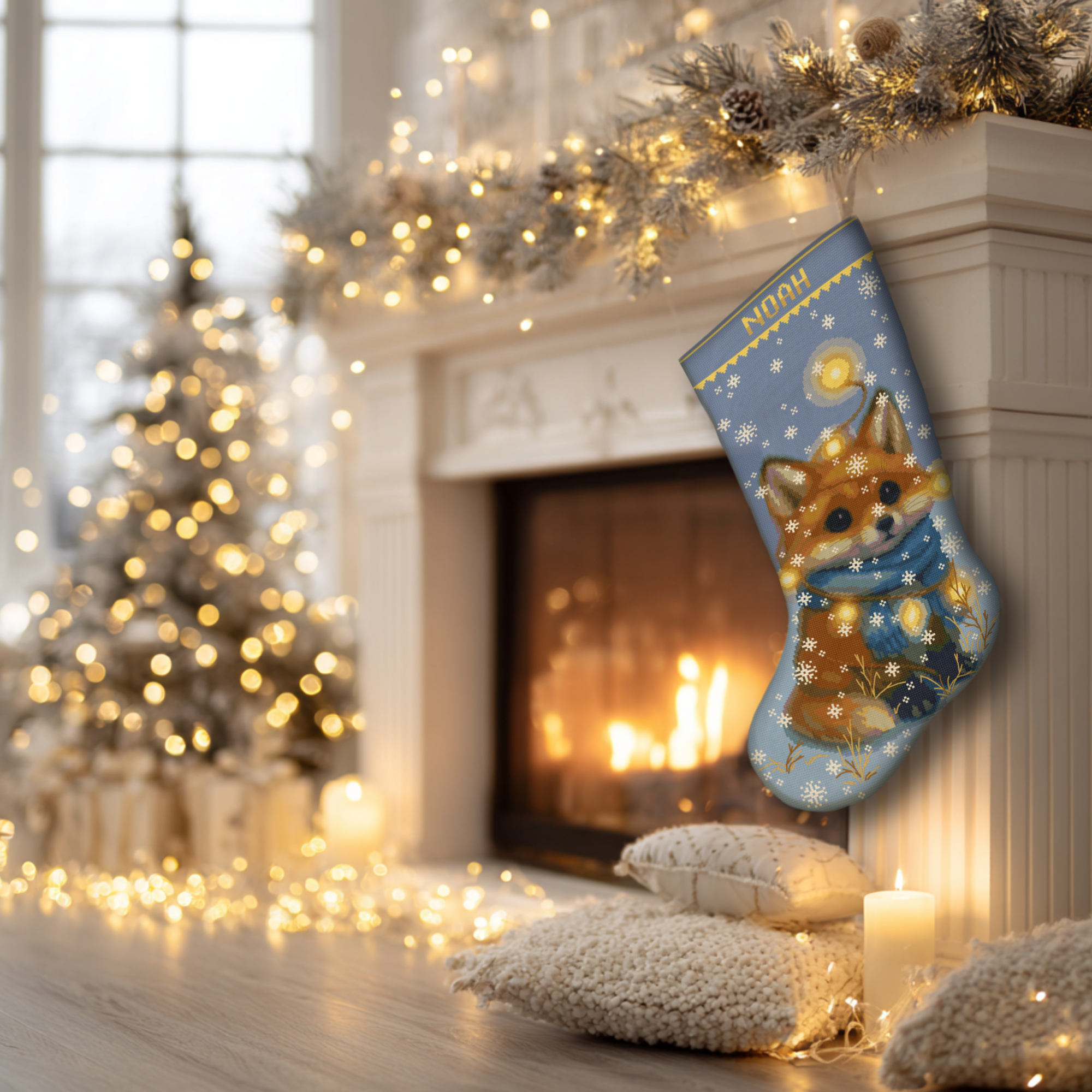 Christmas Stocking Cross Stitch Kit – 2-in-1 Stamped and Counted Cross Stitch, Cute Woodland Fox with Winter Lights Holiday Design, DIY Embroidery Kit for Adults, Personalized Family Christmas Decor 2 Personalized Christmas stocking cross stitch kit with cute fox design and holiday lights, DIY embroidery kit