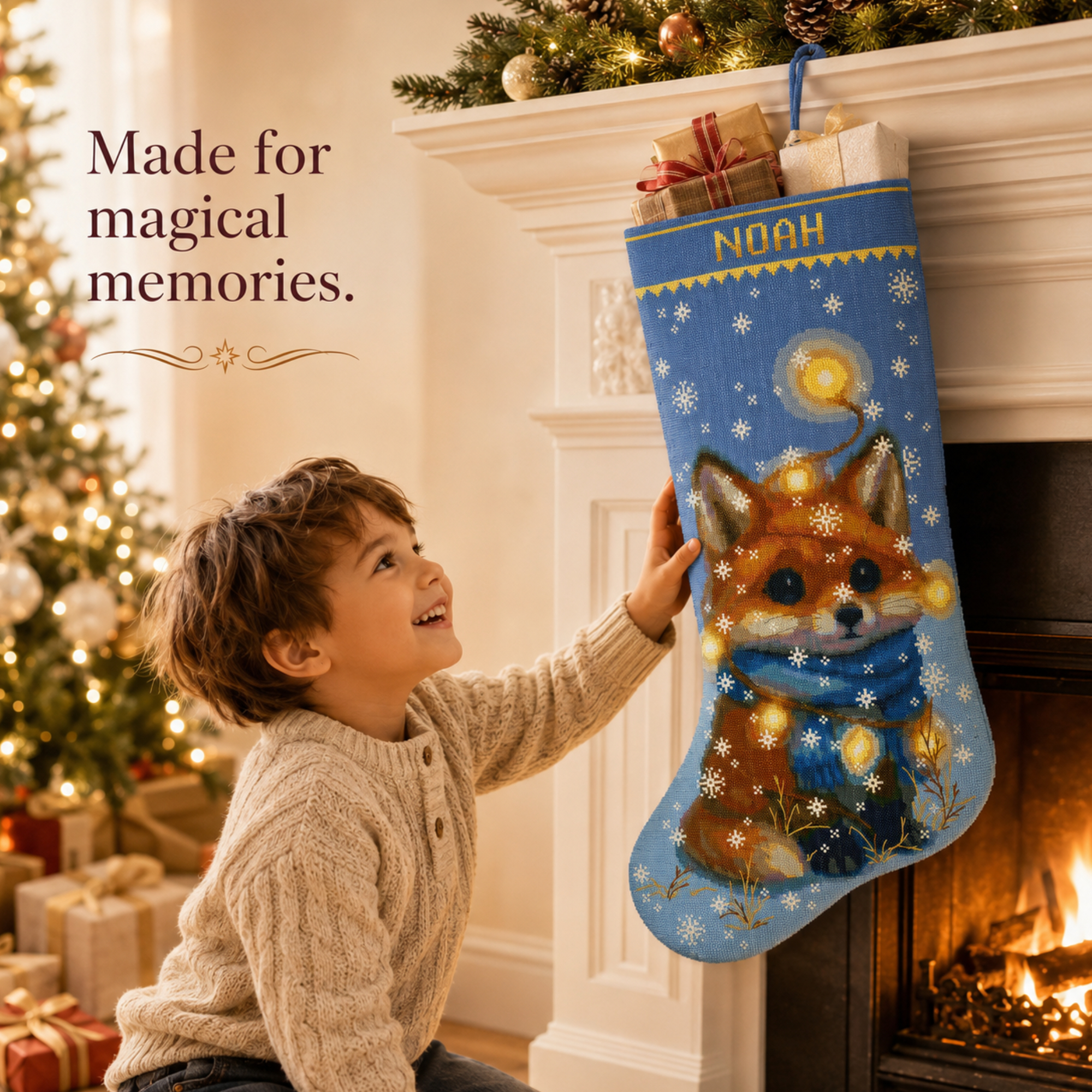 Christmas Stocking Cross Stitch Kit – 2-in-1 Stamped and Counted Cross Stitch, Cute Woodland Fox with Winter Lights Holiday Design, DIY Embroidery Kit for Adults, Personalized Family Christmas Decor 2 Personalized fox Christmas stocking cross stitch kit with snowflakes, holiday lights and blue scarf, 2-in-1 stamped and counted cross stitch kit for beginners, DIY Christmas embroidery stocking kit.