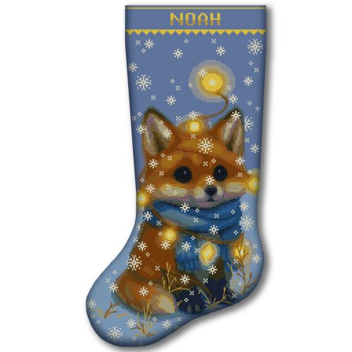 Personalized fox Christmas stocking cross stitch kit with snowflakes, holiday lights and blue scarf, 2-in-1 stamped and counted cross stitch kit for beginners, DIY Christmas embroidery stocking kit.