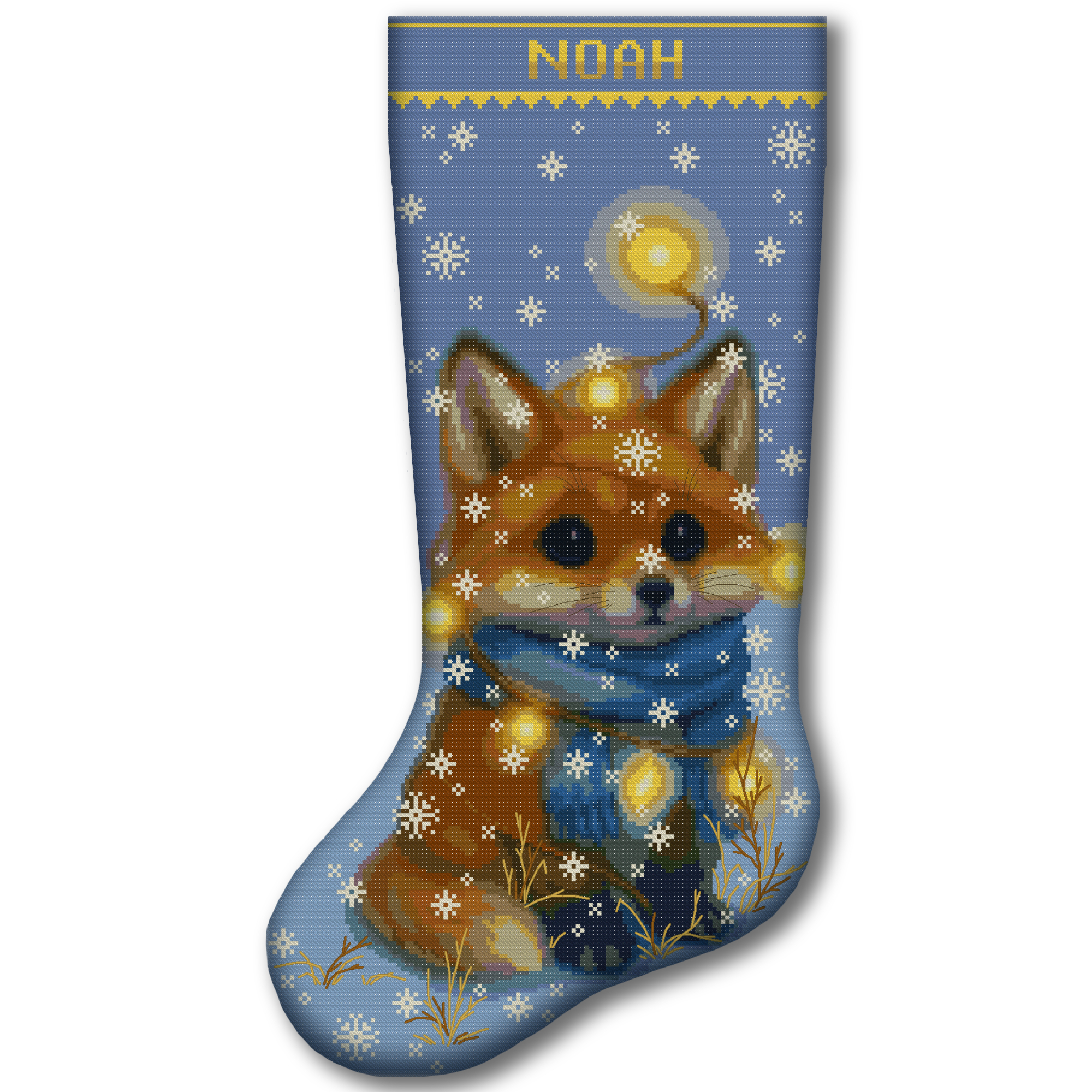 Personalized fox Christmas stocking cross stitch kit with snowflakes, holiday lights and blue scarf, 2-in-1 stamped and counted cross stitch kit for beginners, DIY Christmas embroidery stocking kit.