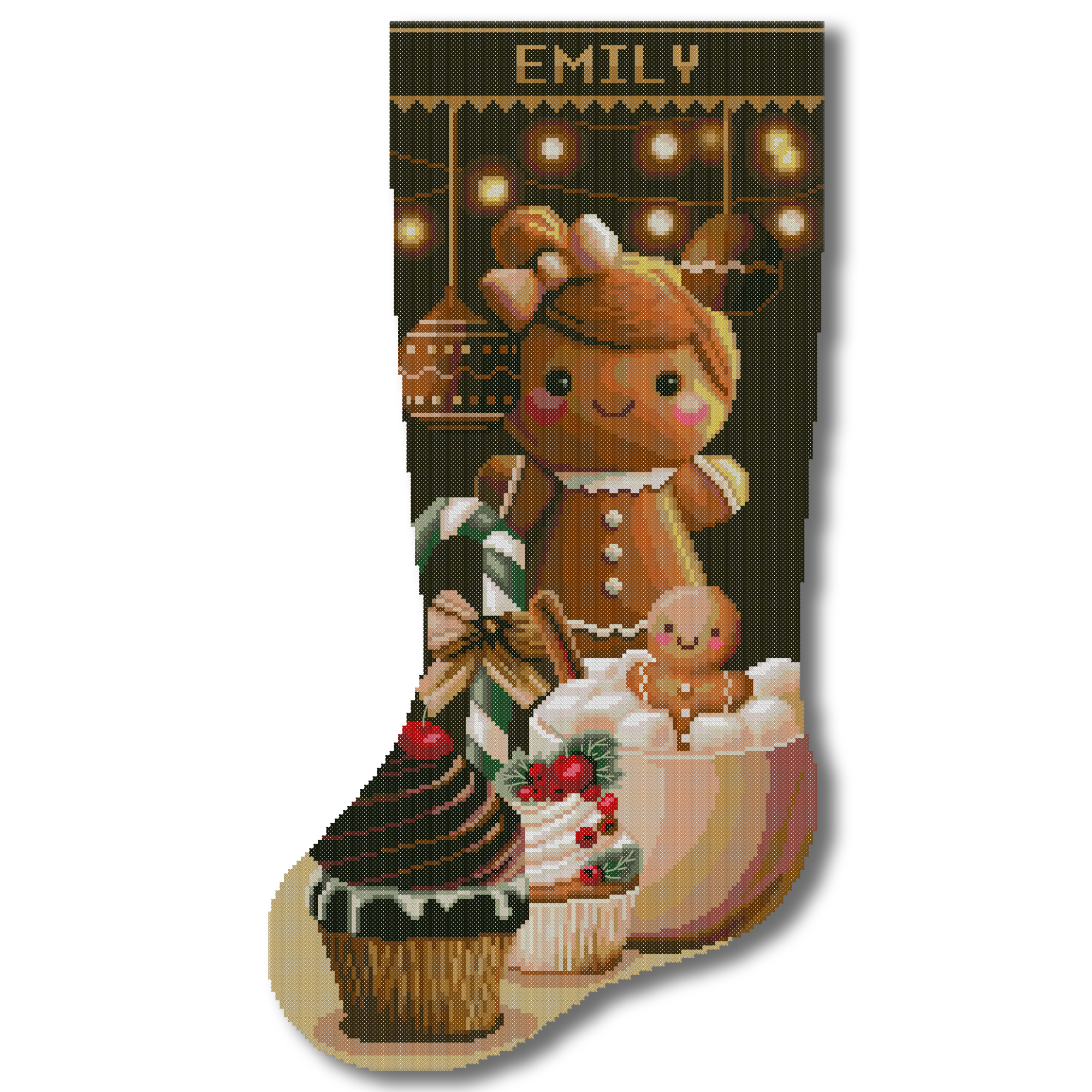 Personalized gingerbread Christmas stocking cross stitch kit with name, stamped and counted cross stitch, DIY embroidery kit for adults, cute holiday stocking design with sweets, cocoa and festive lights