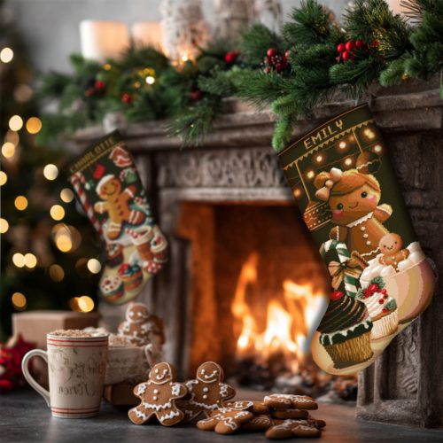 Personalized gingerbread Christmas stocking cross stitch kit with name, stamped and counted cross stitch, DIY embroidery kit for adults, cute holiday stocking design with sweets, cocoa and festive lights