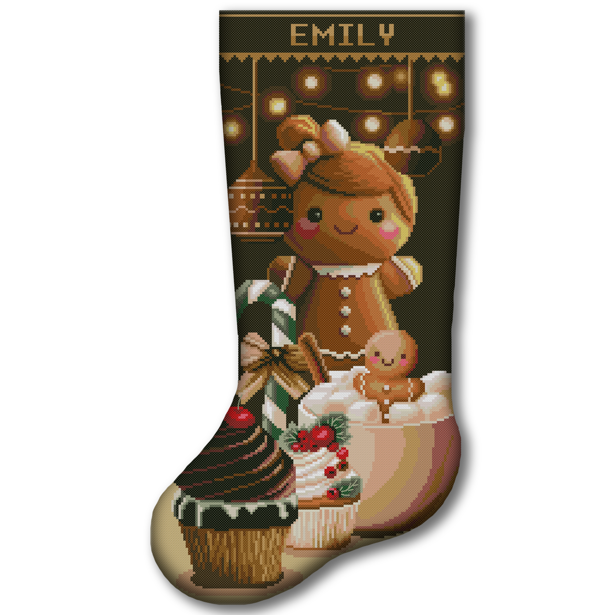 2-in-1 Stamped and Counted Cross Stitch Christmas Stocking Kit – Cute Gingerbread Girl with Marshmallow Cocoa Holiday Design, DIY Embroidery Kit for Adults, Personalized Family Christmas Decoration 25 Personalized gingerbread girl Christmas stocking cross stitch kit with holiday sweets, Christmas lights and cupcake design, 2-in-1 stamped and counted cross stitch kit for beginners, DIY Christmas embroidery stocking kit.