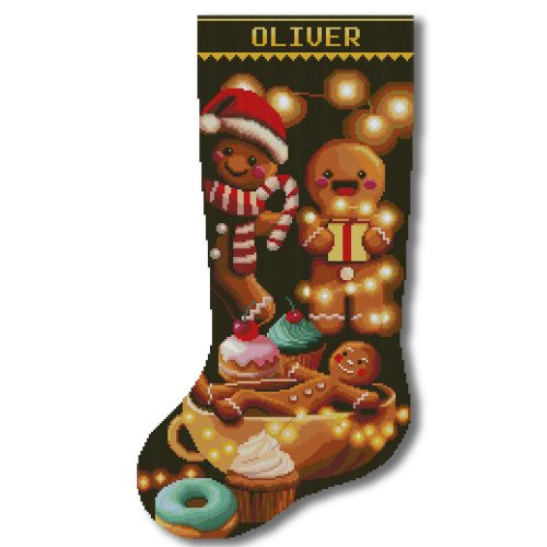 Personalized gingerbread Christmas stocking cross stitch kit with name, stamped and counted cross stitch, DIY embroidery kit for adults, holiday stocking design with gingerbread man, cookies, cupcakes, cocoa and festive lights