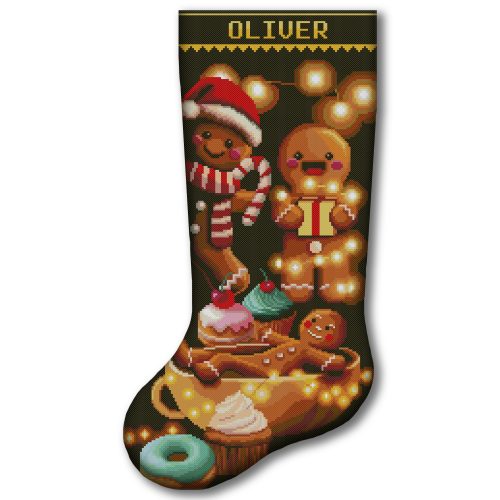 Personalized Christmas stocking cross stitch kit with gingerbread cookies, Christmas lights and holiday sweets, 2-in-1 stamped and counted cross stitch kit for beginners, festive DIY embroidery stocking with gingerbread man design.