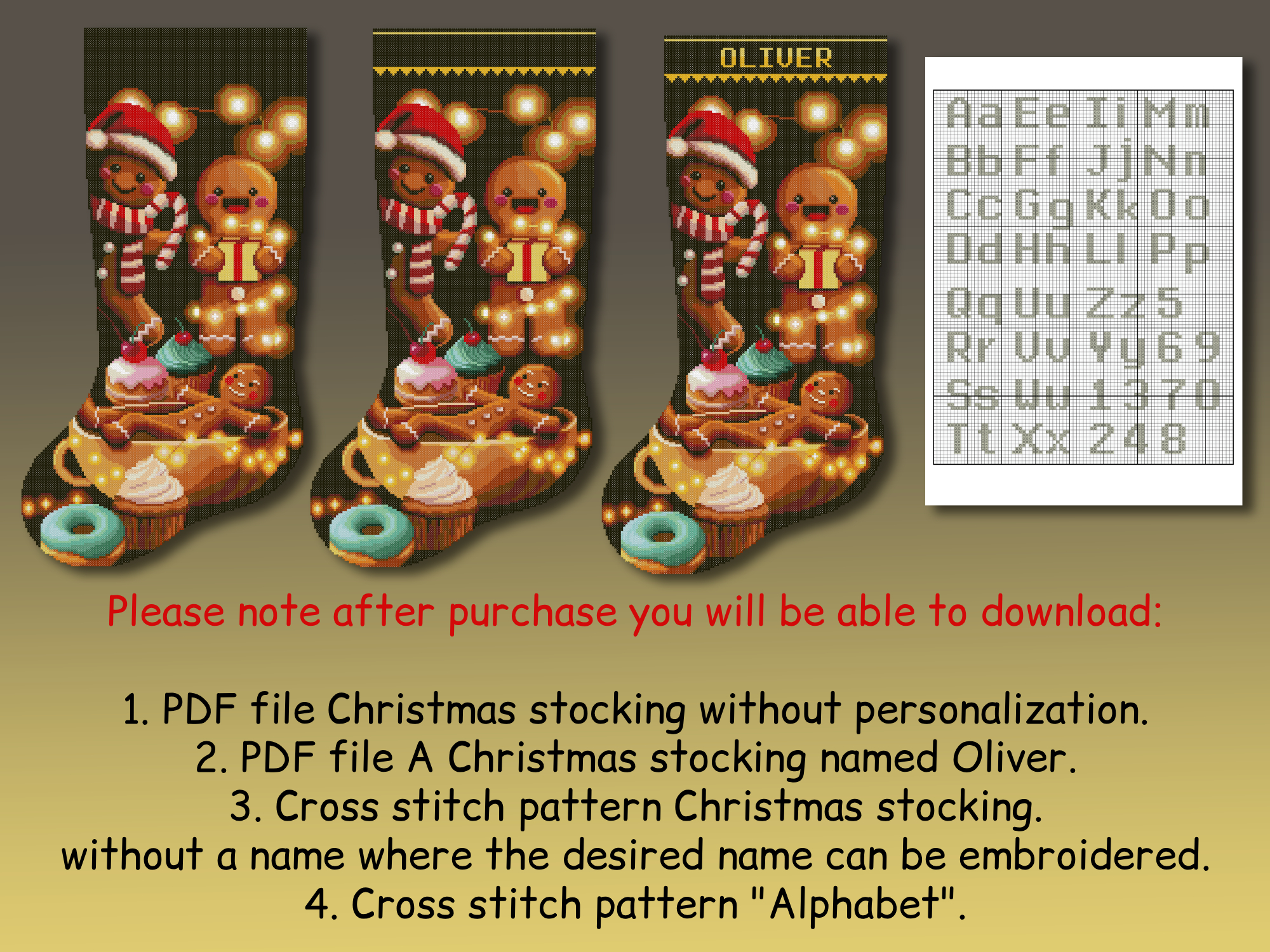 Cross Stitch Pattern for Adults Christmas Stocking, Cute Gingerbread, Hot Cocoa & Lights, Easy Beginner-Friendly Counted DMC Embroidery Chart, Personalized Holiday Needlepoint DIY, Digital Download 3 Christmas cross stitch stocking with gingerbread man, candy cane, cupcakes and name Oliver