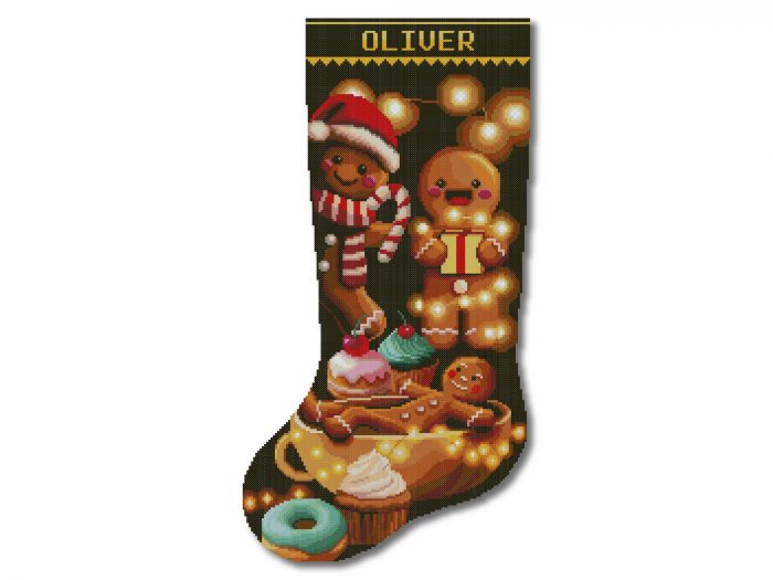 Christmas cross stitch stocking with gingerbread man, candy cane, cupcakes and name Oliver