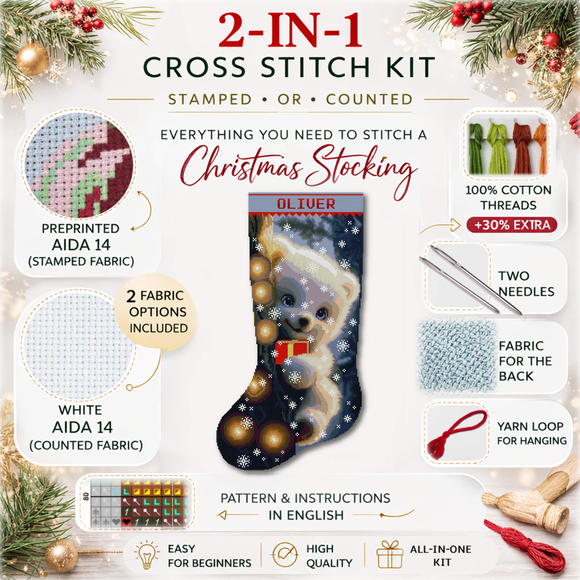 2-in-1 Cross Stitch Kit for Adults, Personalized Christmas Stocking with Custom Name, Stamped & Counted Aida 14, Cute Polar Bear Cub Needlepoint Embroidery Kit, Easy Holiday DIY Craft for Beginners 3 2-in-1 polar bear Christmas stocking cross stitch kit with stamped and counted cross stitch options, personalized handmade holiday stocking, beginner-friendly winter animal embroidery kit