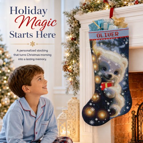 2-in-1 polar bear Christmas stocking cross stitch kit with stamped and counted cross stitch options, personalized handmade holiday stocking, beginner-friendly winter animal embroidery kit