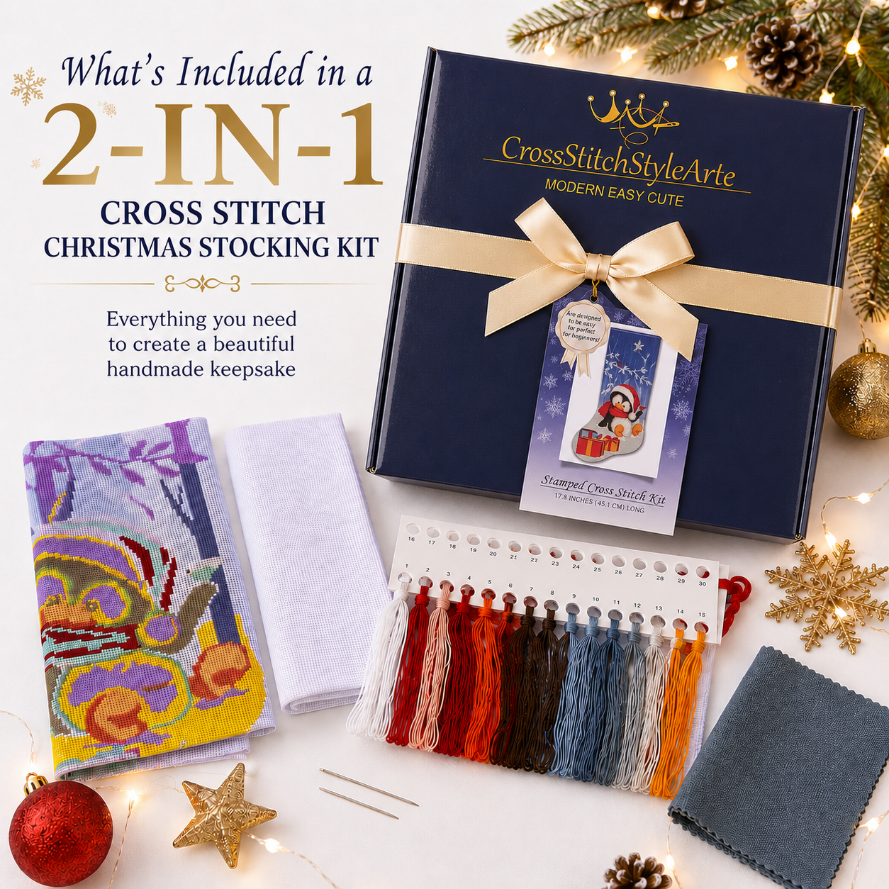 2-in-1 cross stitch Christmas stocking kit with gift box, stamped fabric, white Aida fabric, threads, needles and backing fabric