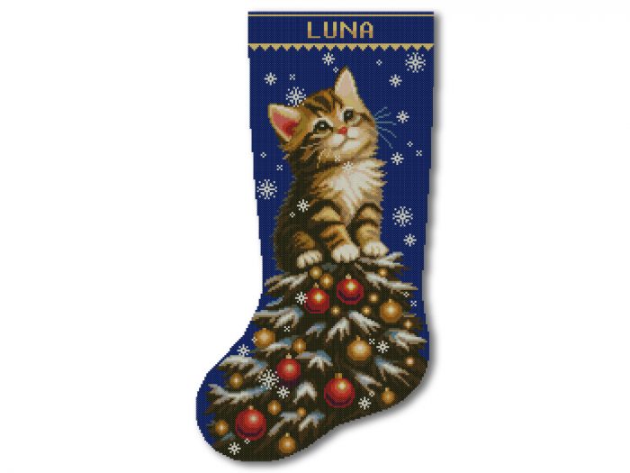 Personalized cat Christmas stocking cross stitch pattern PDF featuring a cute kitten named Luna, digital cross stitch pattern for DIY Christmas stocking embroidery
