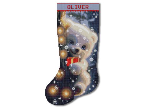 Christmas Stocking Cross Stitch Pattern with cute polar bear holding a Christmas gift, personalized counted cross stitch PDF, winter animal digital embroidery chart