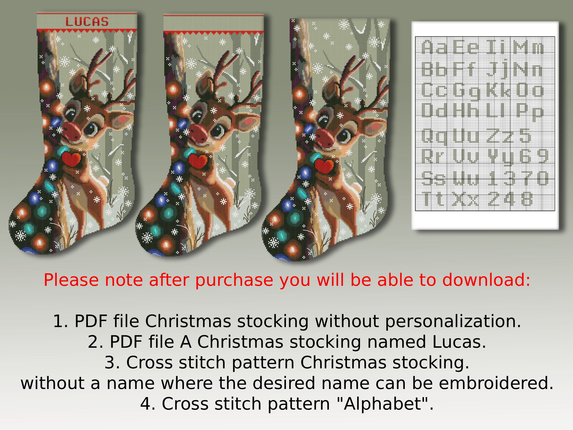 Christmas Stocking Cross Stitch Pattern PDF Bundle – Cute Moose and Reindeer, 2 Personalized Woodland Animal Designs, Easy Beginner Counted Cross Stitch Digital Download 4 Christmas Stocking Cross Stitch Pattern PDF Bundle – Cute Moose and Reindeer, 2 Personalized Woodland Animal Designs, Easy Beginner Counted Cross Stitch Digital Download - Image 4