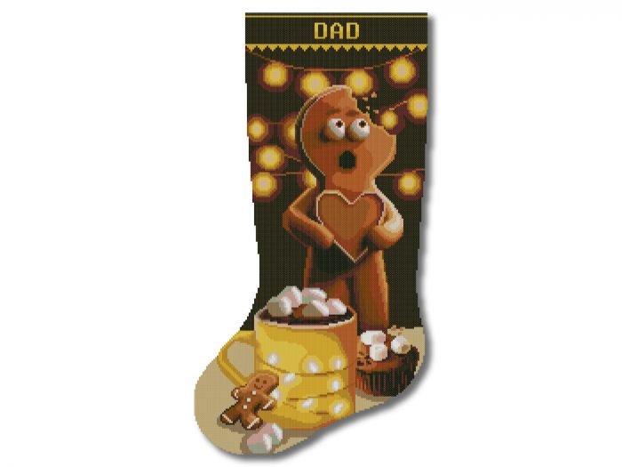 Funny Christmas stocking cross stitch pattern featuring a bitten gingerbread man with a surprised expression, personalized counted cross stitch PDF for Aida fabric.