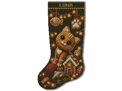 Christmas Stocking Cross Stitch Pattern featuring a cute personalized gingerbread cat with Christmas lights and gingerbread house, easy beginner counted cross stitch PDF