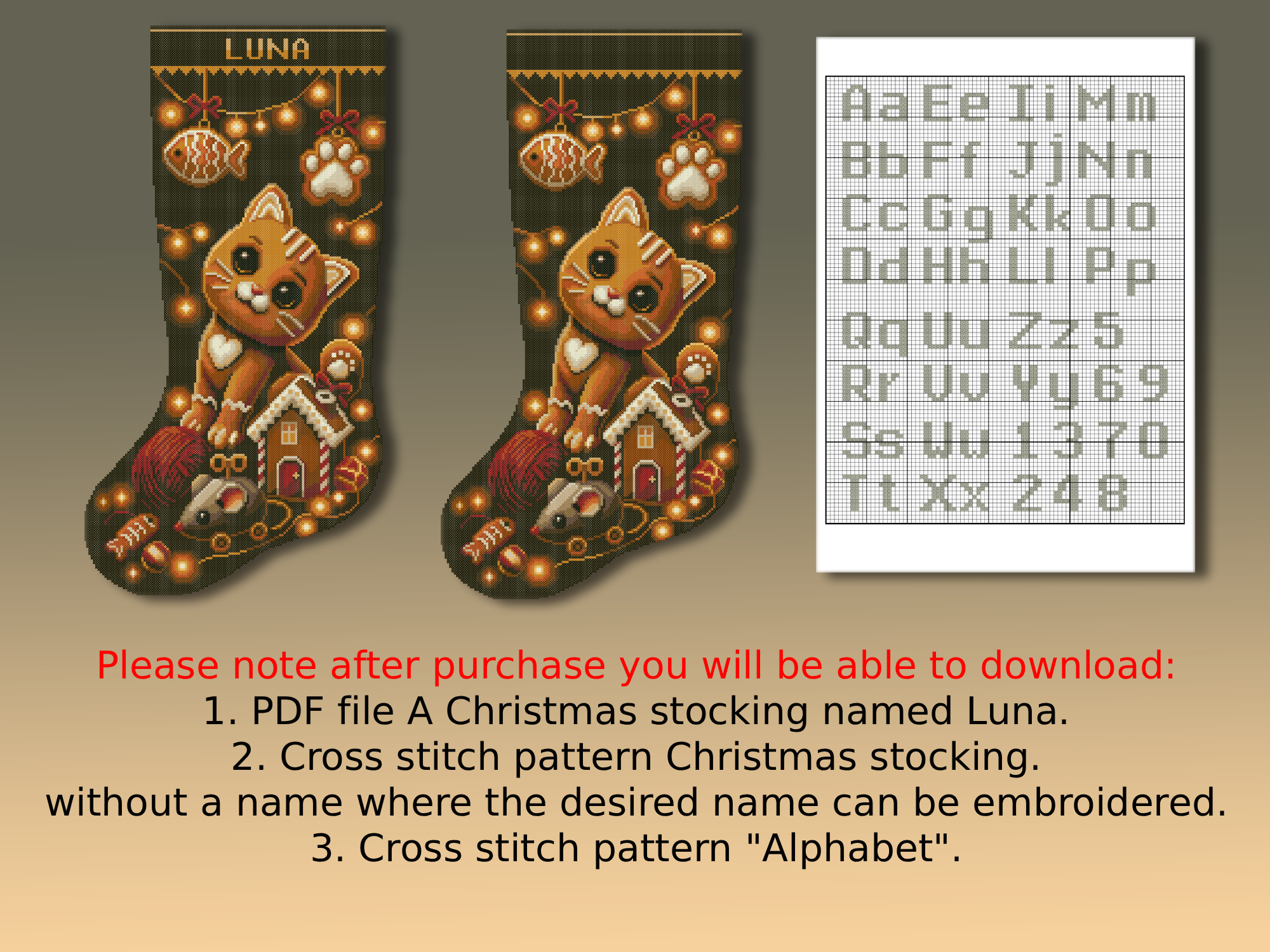 Christmas Stocking Cross Stitch Pattern PDF – Cute Gingerbread Cat, Personalized Cat Christmas Stocking, Easy Beginner Counted Cross Stitch Digital Download 4 Christmas Stocking Cross Stitch Pattern featuring a cute personalized gingerbread cat with Christmas lights and gingerbread house, easy beginner counted cross stitch PDF