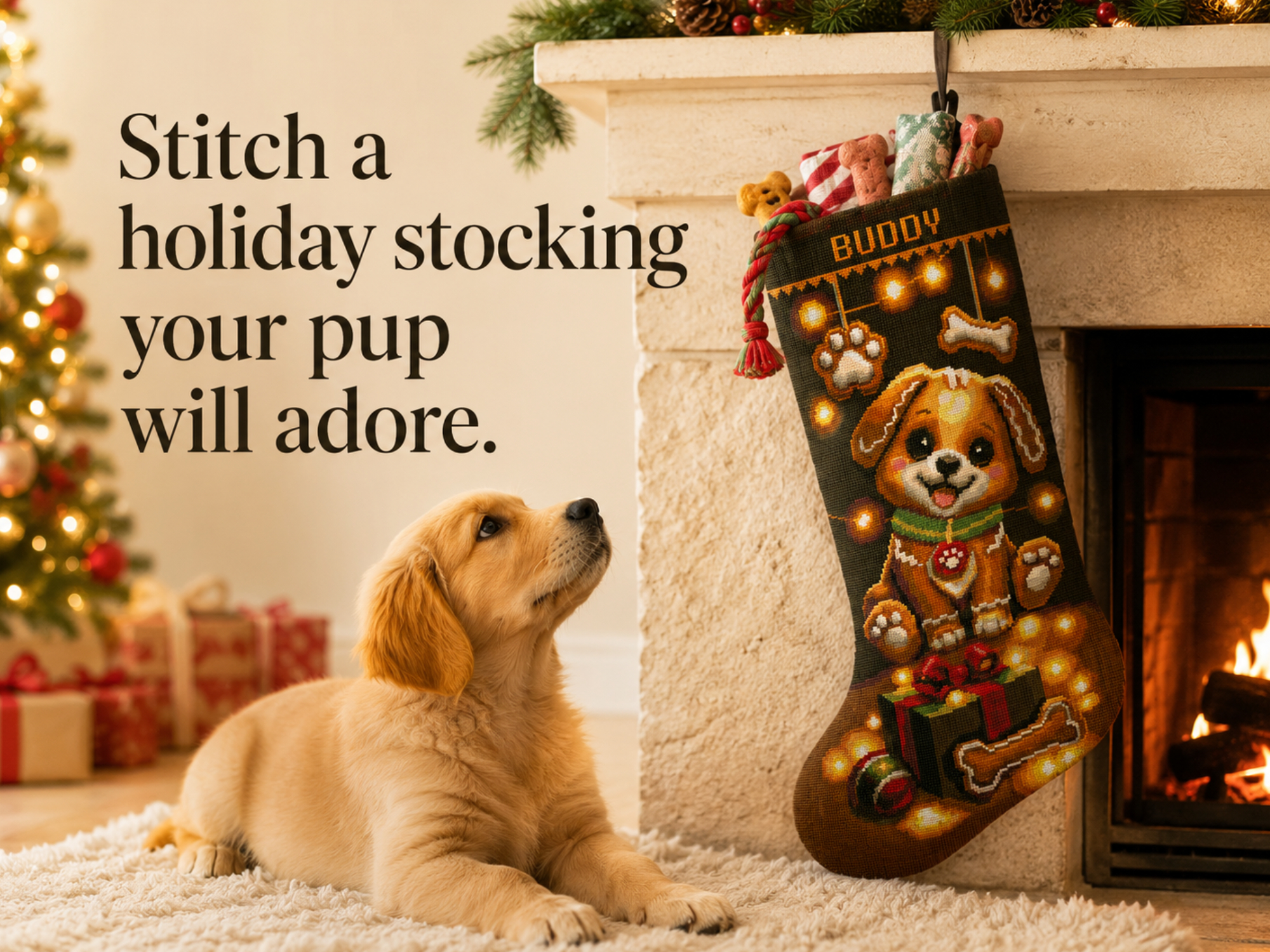 Christmas Stocking Cross Stitch Pattern PDF – Cute Gingerbread Puppy Dog, Personalized Pet Christmas Stocking, Easy Beginner Counted Cross Stitch Digital Download 2 Christmas Stocking Cross Stitch Pattern featuring a cute personalized gingerbread puppy dog with Christmas gifts, easy beginner counted cross stitch PDF