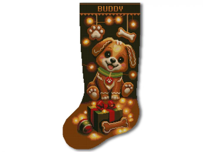 Christmas Stocking Cross Stitch Pattern featuring a cute personalized gingerbread puppy dog with Christmas gifts, easy beginner counted cross stitch PDF