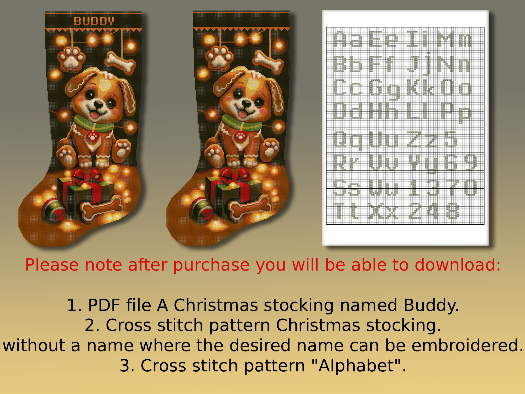 Christmas Stocking Cross Stitch Pattern PDF – Cute Gingerbread Puppy Dog, Personalized Pet Christmas Stocking, Easy Beginner Counted Cross Stitch Digital Download 4 Christmas Stocking Cross Stitch Pattern featuring a cute personalized gingerbread puppy dog with Christmas gifts, easy beginner counted cross stitch PDF