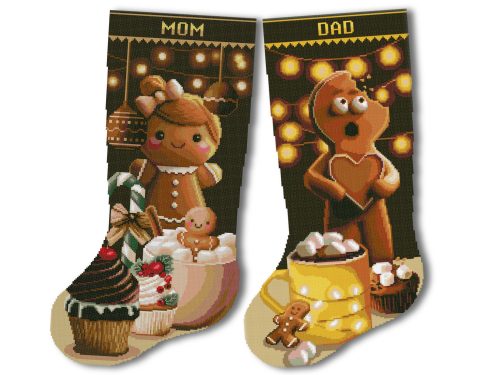 Christmas stocking cross stitch pattern set featuring personalized gingerbread Mom and Dad stockings, counted cross stitch PDF for beginners on Aida fabric.