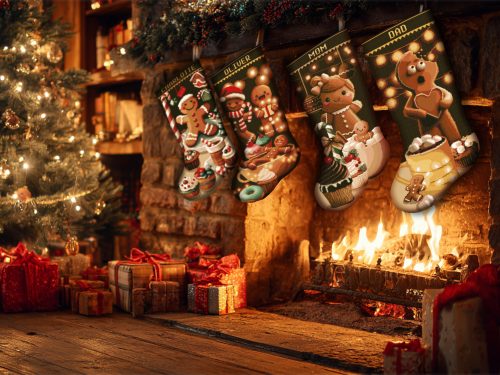 Christmas stocking cross stitch pattern bundle featuring four personalized gingerbread family stockings, counted cross stitch pattern PDF for beginners on Aida fabric.