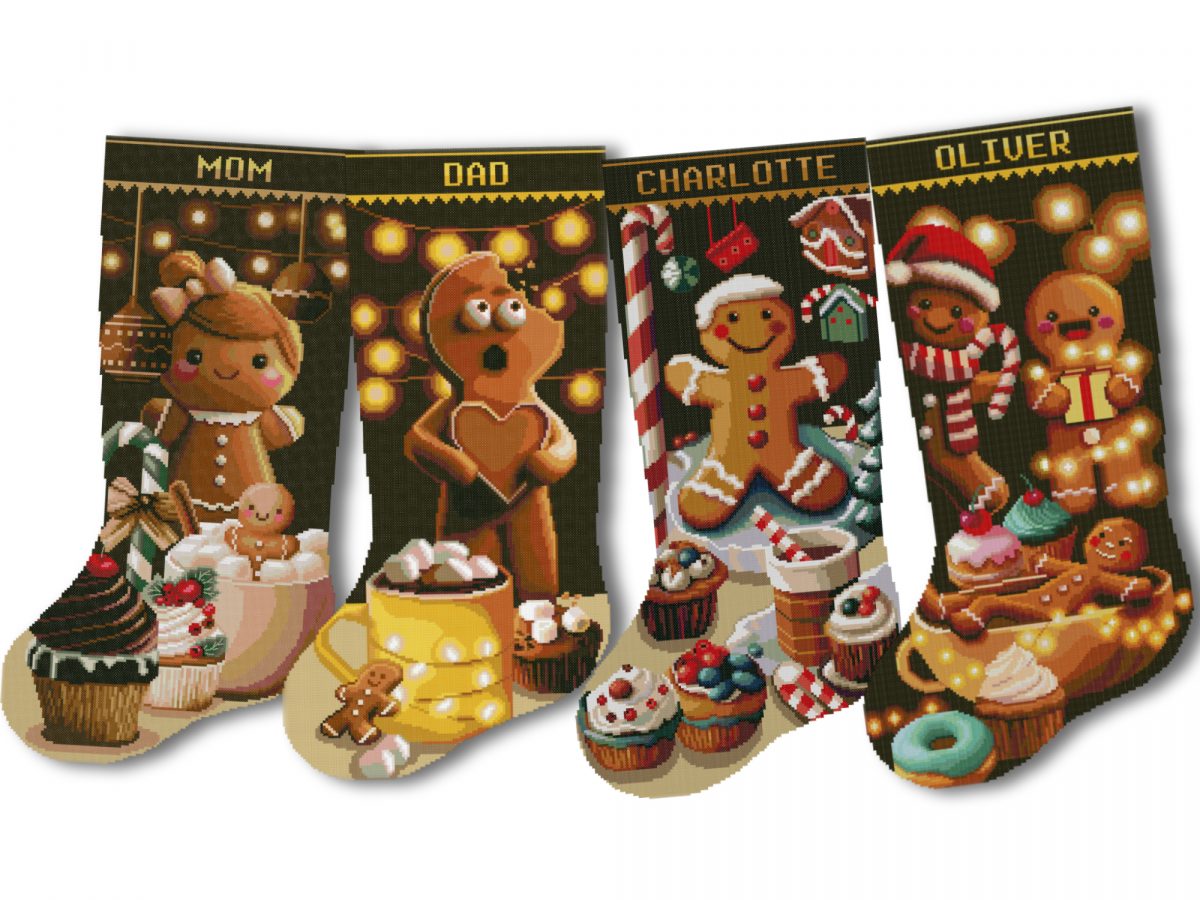 Gingerbread family Christmas stocking cross stitch kit collection by CrossStitchStyleArte