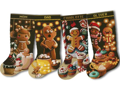 Christmas stocking cross stitch pattern bundle featuring four personalized gingerbread family stockings, counted cross stitch pattern PDF for beginners on Aida fabric.