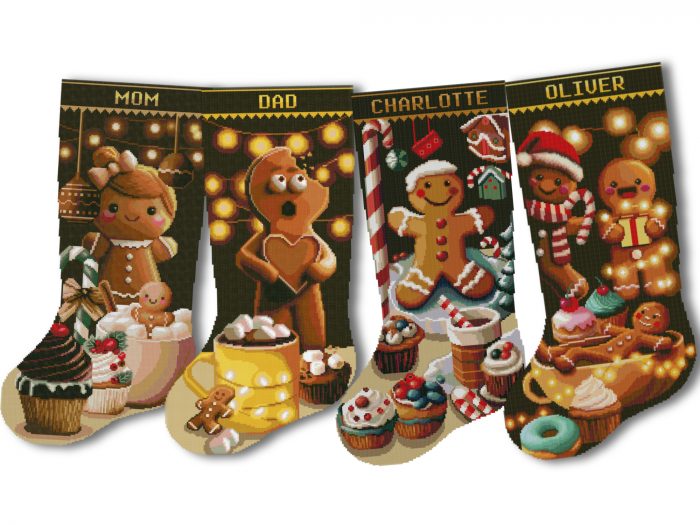 Christmas stocking cross stitch pattern bundle featuring four personalized gingerbread family stockings, counted cross stitch pattern PDF for beginners on Aida fabric.