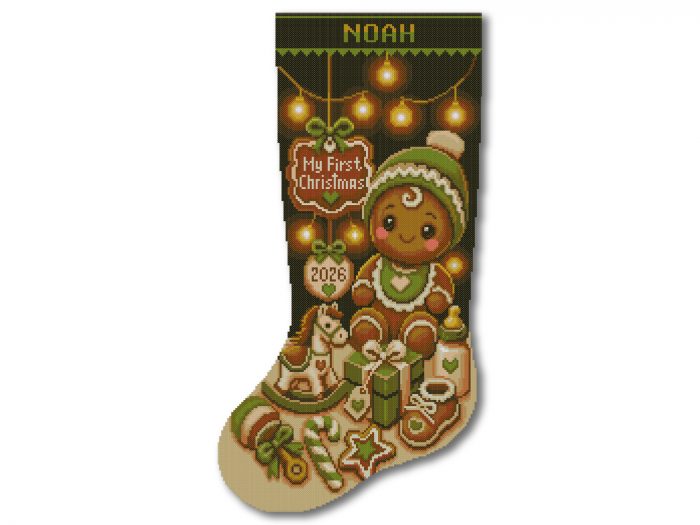 Christmas Stocking Cross Stitch Pattern featuring a personalized baby’s first Christmas gingerbread design in green and neutral colors, custom name and year, easy counted cross stitch PDF